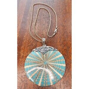 Silver Mounted Aqua Blue Sliced Shell Pendant Necklace 18" 925 Silver Box Chain